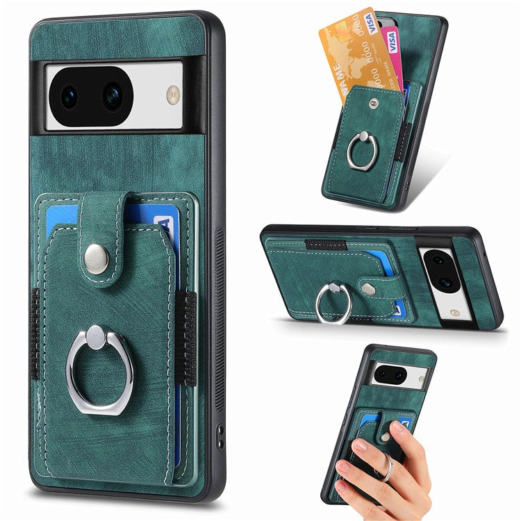 D2 for Google Pixel 8a Case Leather Coated TPU Ring Kickstand Phone Cover with Card Slots - Green