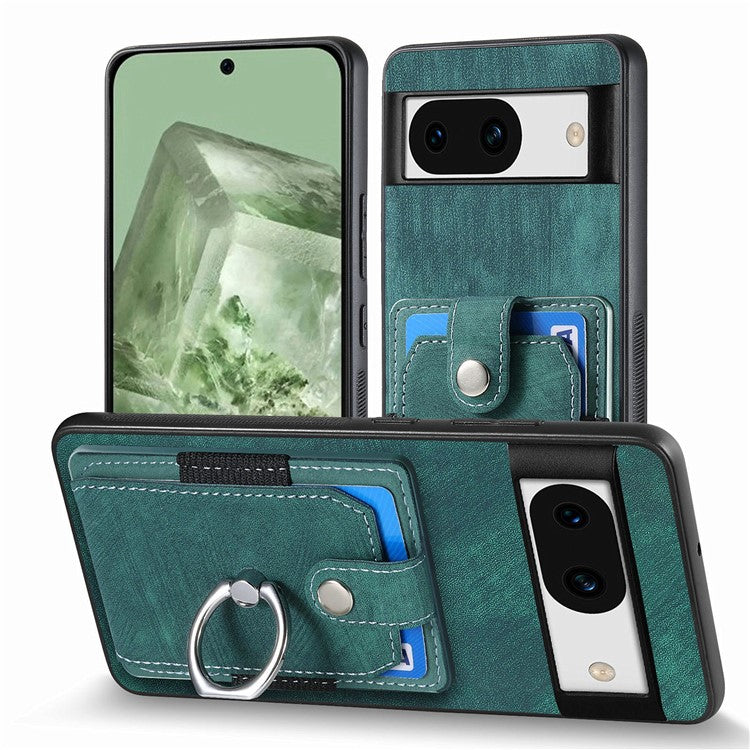 D2 for Google Pixel 8a Case Leather Coated TPU Ring Kickstand Phone Cover with Card Slots - Green