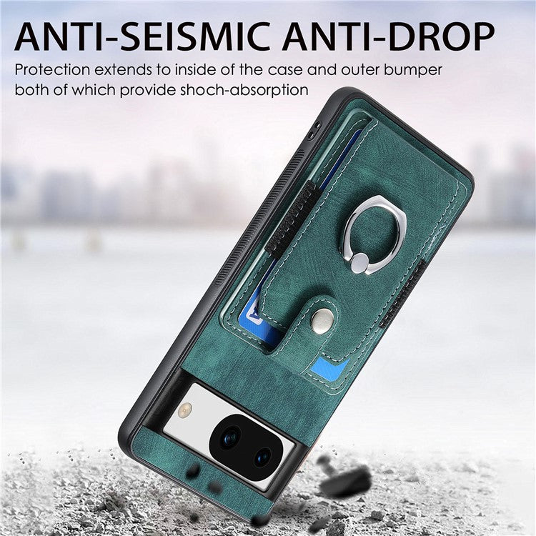 D2 for Google Pixel 8a Case Leather Coated TPU Ring Kickstand Phone Cover with Card Slots - Green