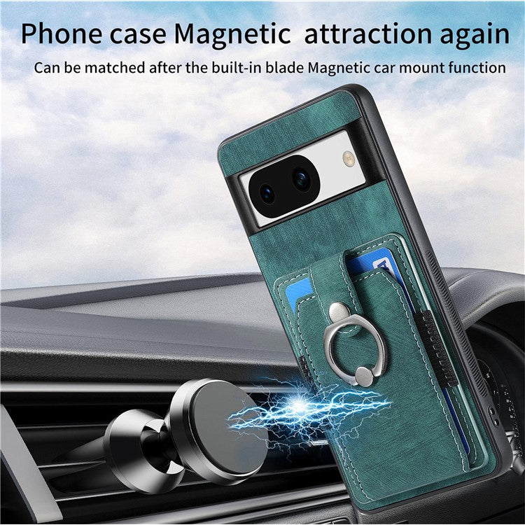 D2 for Google Pixel 8a Case Leather Coated TPU Ring Kickstand Phone Cover with Card Slots - Green