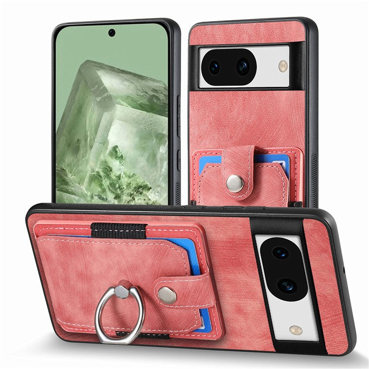 D2 for Google Pixel 8a Case Leather Coated TPU Ring Kickstand Phone Cover with Card Slots - Pink