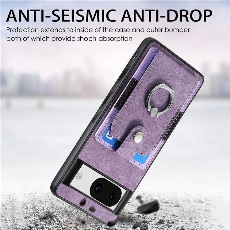 D2 for Google Pixel 8a Case Leather Coated TPU Ring Kickstand Phone Cover with Card Slots - Purple