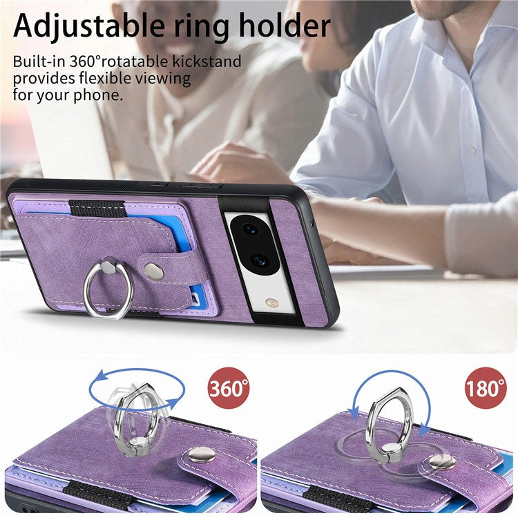 D2 for Google Pixel 8a Case Leather Coated TPU Ring Kickstand Phone Cover with Card Slots - Purple