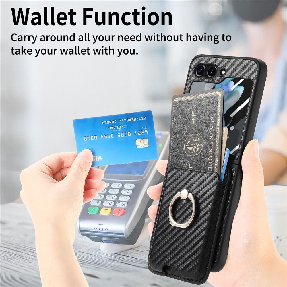For Samsung Galaxy Z Flip7 FE 5G / Z Flip6 5G Case Ring Kickstand Card Slot Phone Cover with Rear Screen Film - Black