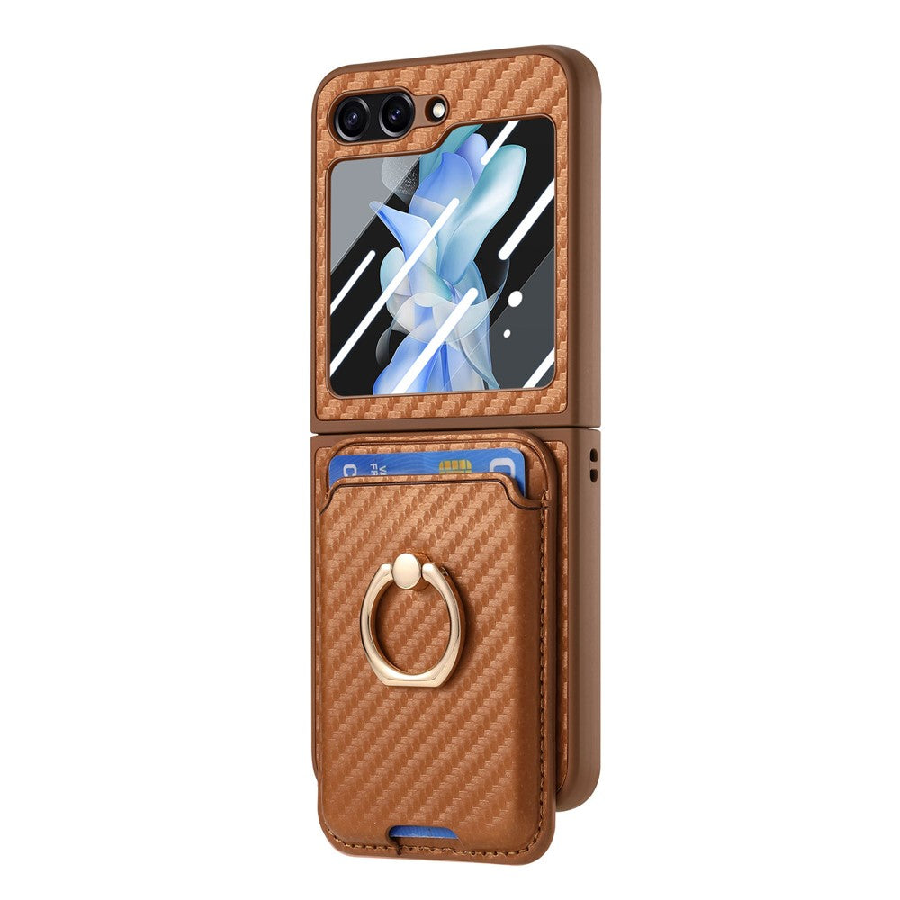 For Samsung Galaxy Z Flip7 FE 5G / Z Flip6 5G Case Ring Kickstand Card Slot Phone Cover with Rear Screen Film - Brown