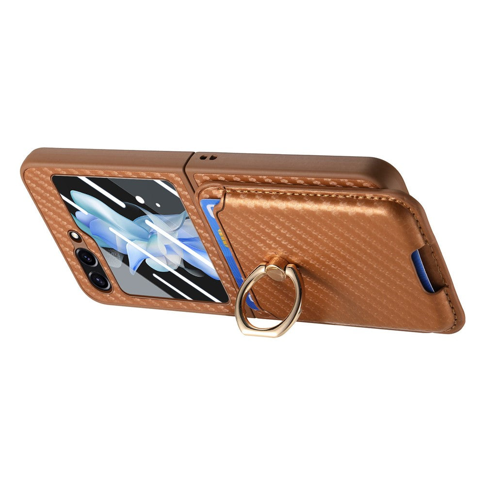 For Samsung Galaxy Z Flip7 FE 5G / Z Flip6 5G Case Ring Kickstand Card Slot Phone Cover with Rear Screen Film - Brown