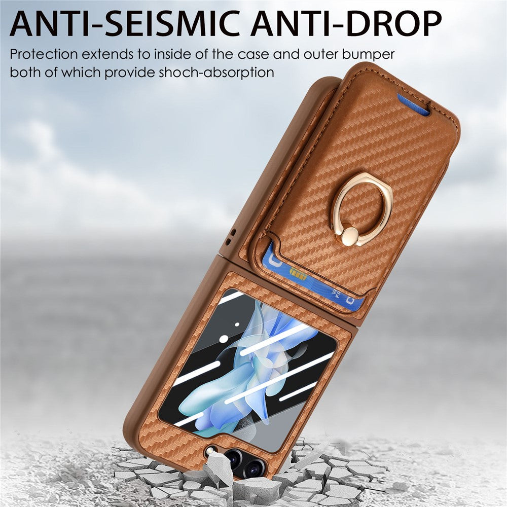 For Samsung Galaxy Z Flip7 FE 5G / Z Flip6 5G Case Ring Kickstand Card Slot Phone Cover with Rear Screen Film - Brown