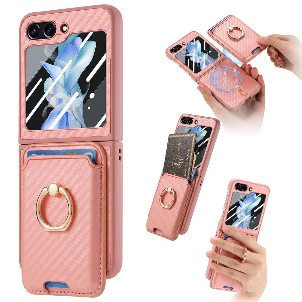 For Samsung Galaxy Z Flip7 FE 5G / Z Flip6 5G Case Ring Kickstand Card Slot Phone Cover with Rear Screen Film - Pink