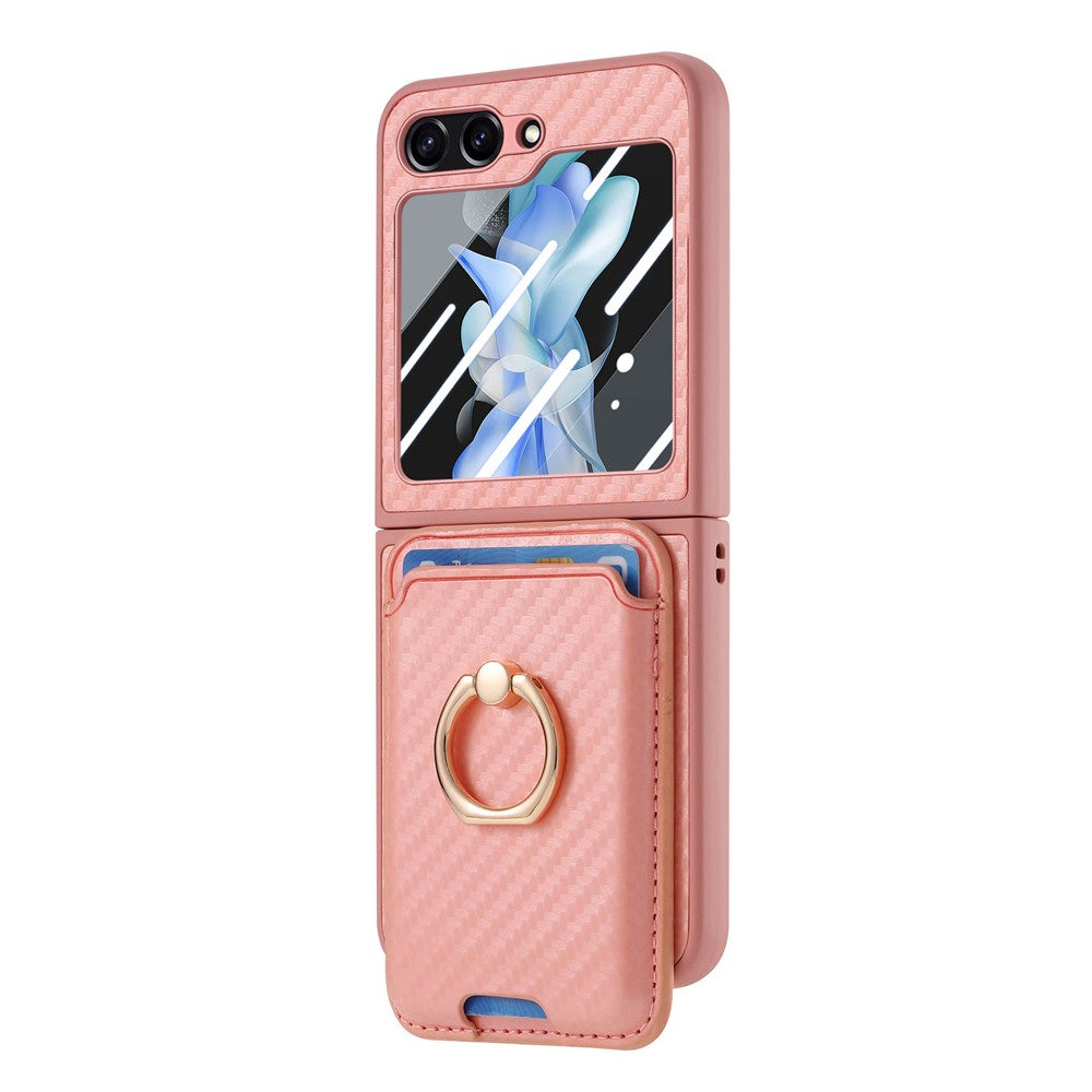 For Samsung Galaxy Z Flip7 FE 5G / Z Flip6 5G Case Ring Kickstand Card Slot Phone Cover with Rear Screen Film - Pink