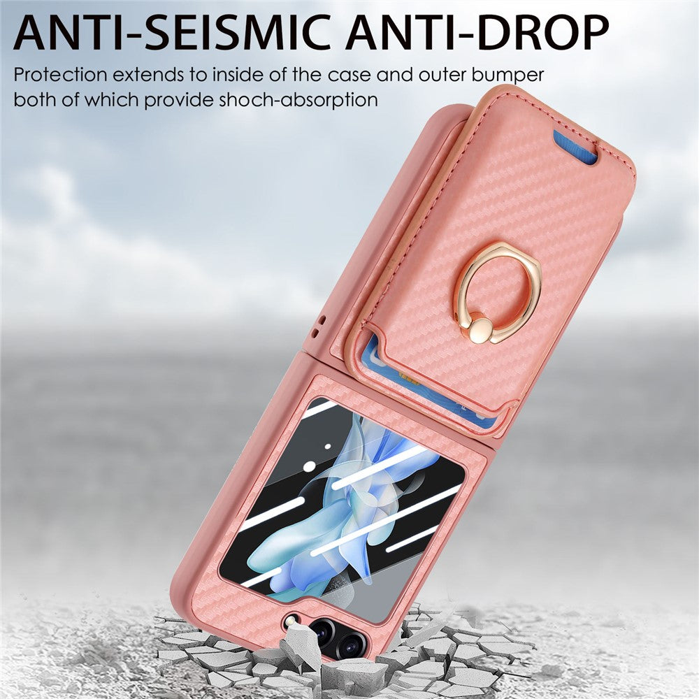 For Samsung Galaxy Z Flip7 FE 5G / Z Flip6 5G Case Ring Kickstand Card Slot Phone Cover with Rear Screen Film - Pink