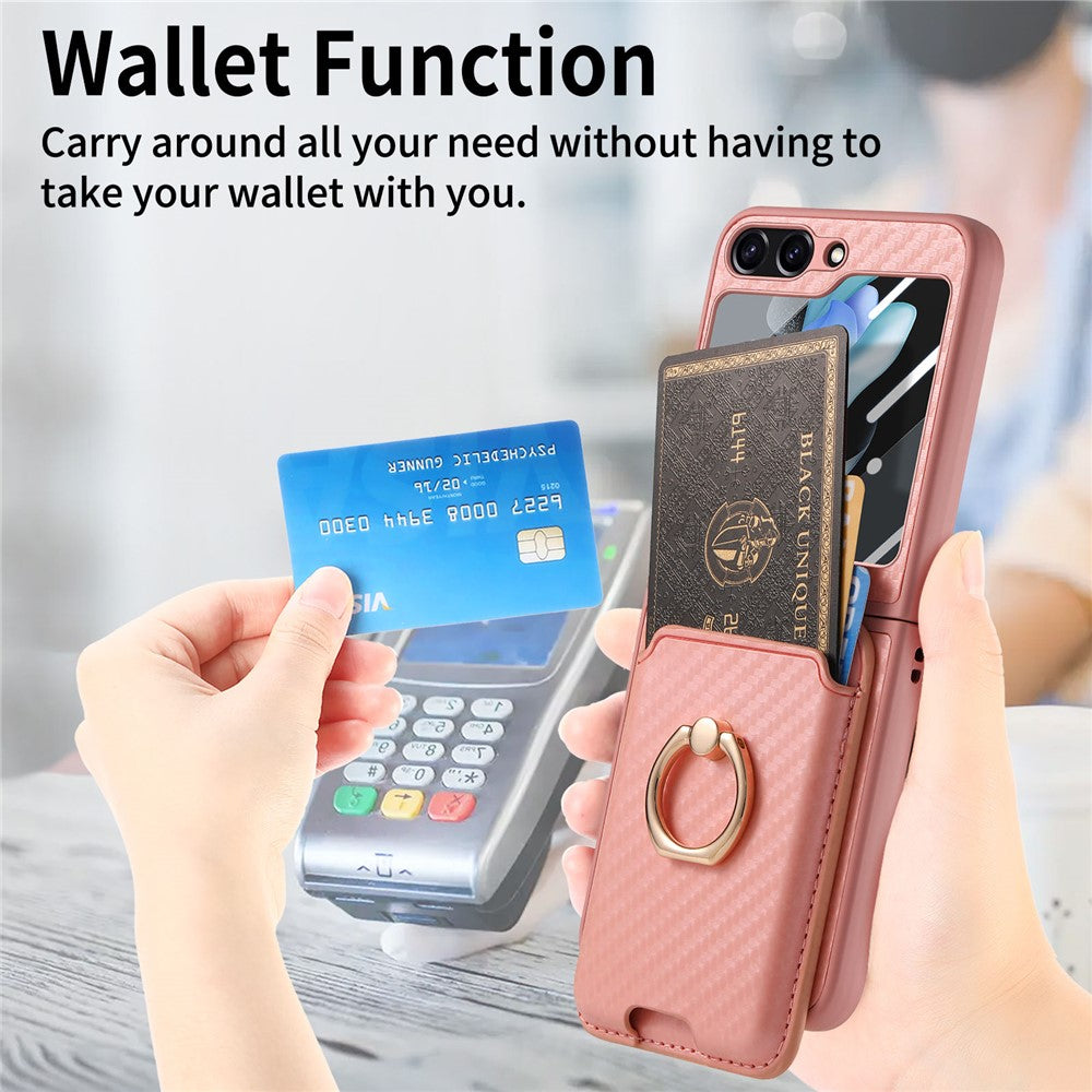 For Samsung Galaxy Z Flip7 FE 5G / Z Flip6 5G Case Ring Kickstand Card Slot Phone Cover with Rear Screen Film - Pink