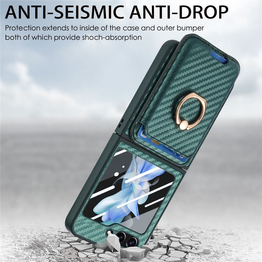 For Samsung Galaxy Z Flip7 FE 5G / Z Flip6 5G Case Ring Kickstand Card Slot Phone Cover with Rear Screen Film - Green