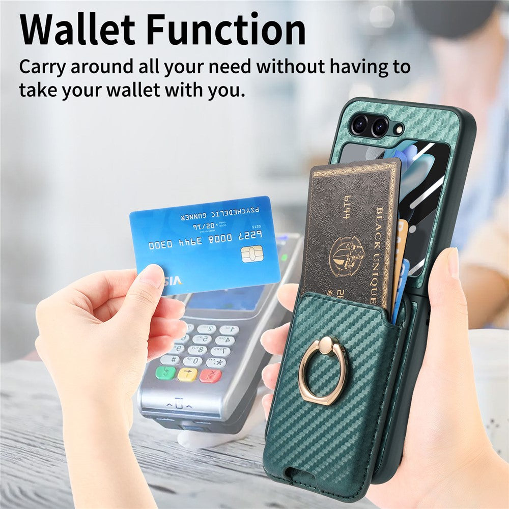 For Samsung Galaxy Z Flip7 FE 5G / Z Flip6 5G Case Ring Kickstand Card Slot Phone Cover with Rear Screen Film - Green