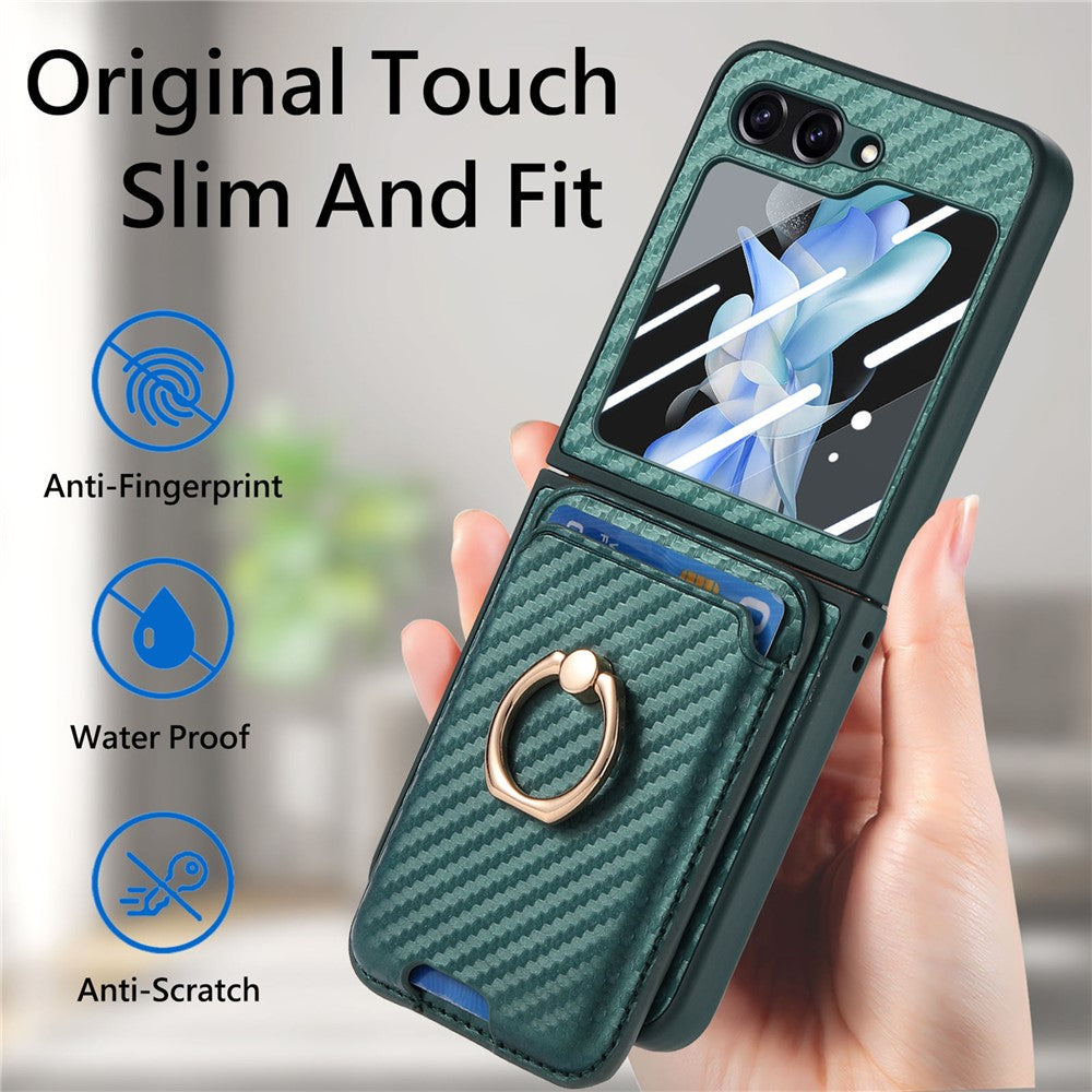 For Samsung Galaxy Z Flip7 FE 5G / Z Flip6 5G Case Ring Kickstand Card Slot Phone Cover with Rear Screen Film - Green
