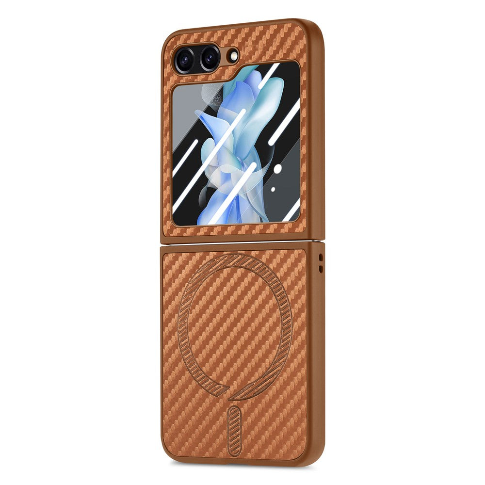 For Samsung Galaxy Z Flip7 FE 5G / Z Flip6 5G Magnetic Case Leather+PC Folding Phone Cover with Rear Screen Film - Brown