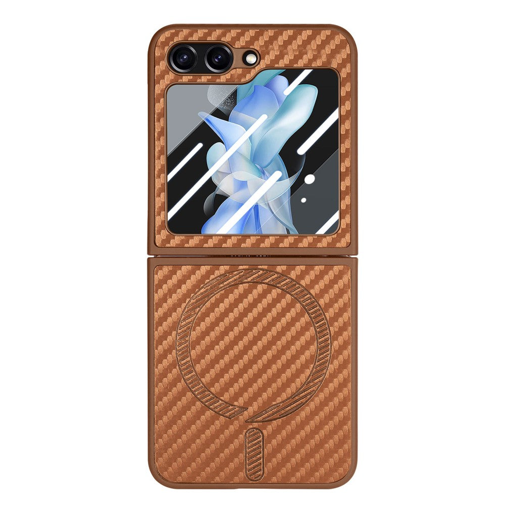 For Samsung Galaxy Z Flip7 FE 5G / Z Flip6 5G Magnetic Case Leather+PC Folding Phone Cover with Rear Screen Film - Brown