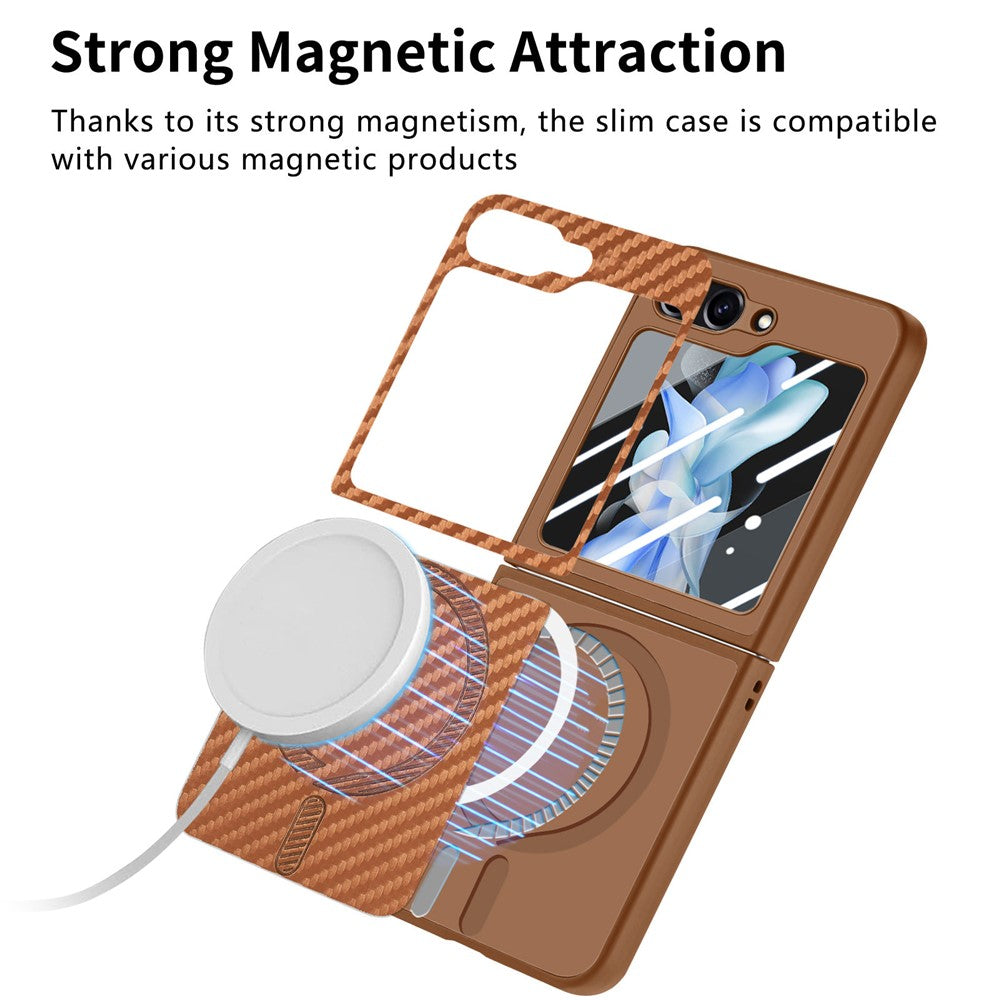 For Samsung Galaxy Z Flip7 FE 5G / Z Flip6 5G Magnetic Case Leather+PC Folding Phone Cover with Rear Screen Film - Brown