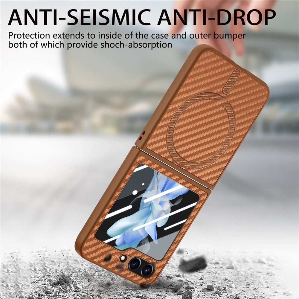For Samsung Galaxy Z Flip7 FE 5G / Z Flip6 5G Magnetic Case Leather+PC Folding Phone Cover with Rear Screen Film - Brown