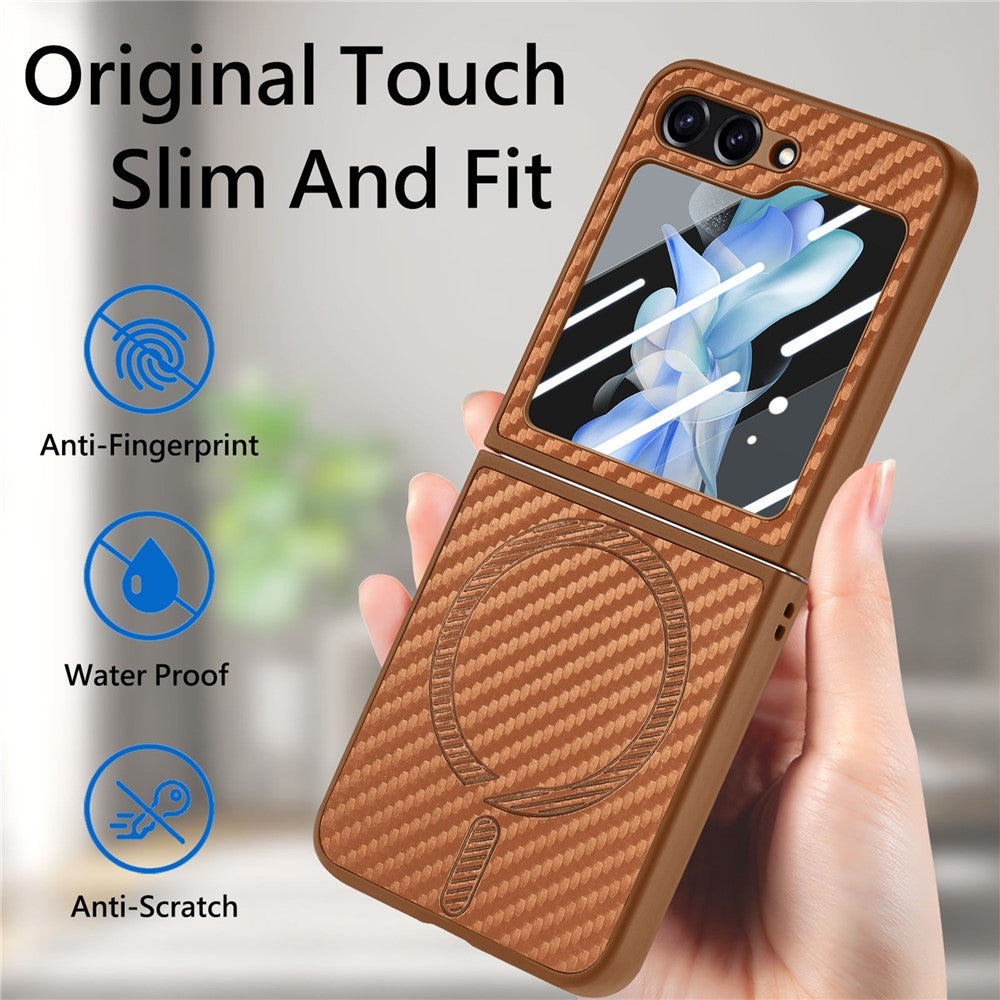 For Samsung Galaxy Z Flip7 FE 5G / Z Flip6 5G Magnetic Case Leather+PC Folding Phone Cover with Rear Screen Film - Brown
