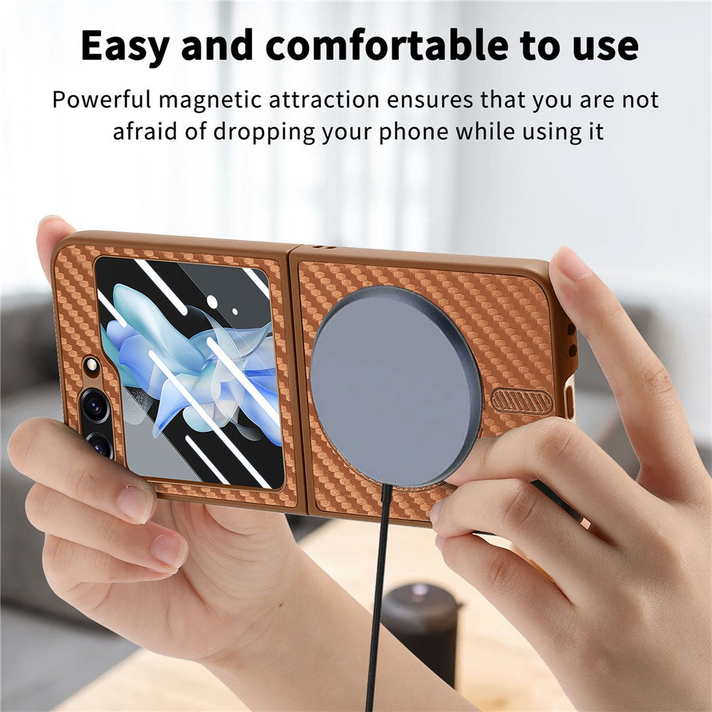 For Samsung Galaxy Z Flip7 FE 5G / Z Flip6 5G Magnetic Case Leather+PC Folding Phone Cover with Rear Screen Film - Brown