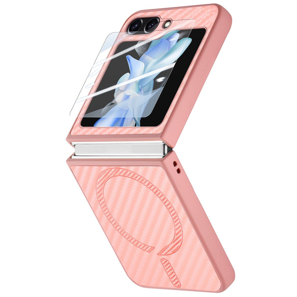 For Samsung Galaxy Z Flip7 FE 5G / Z Flip6 5G Magnetic Case Leather+PC Folding Phone Cover with Rear Screen Film - Pink