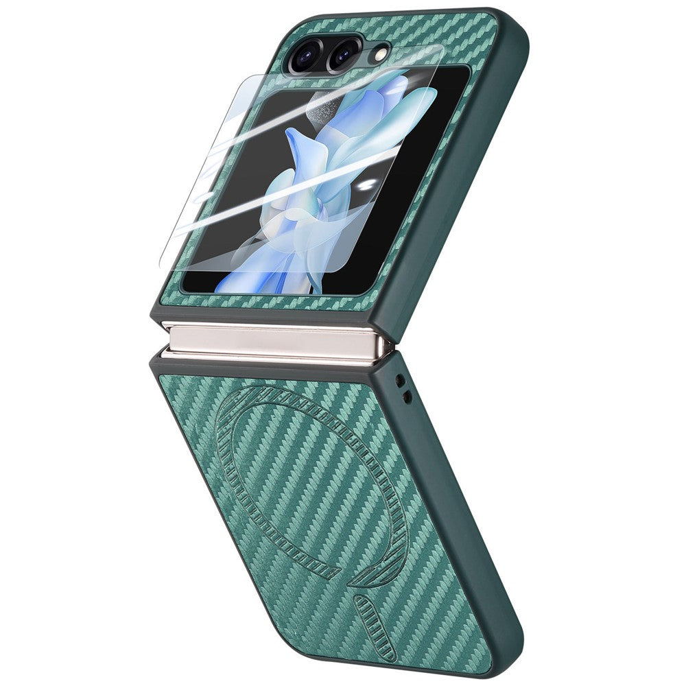 For Samsung Galaxy Z Flip7 FE 5G / Z Flip6 5G Magnetic Case Leather+PC Folding Phone Cover with Rear Screen Film - Green