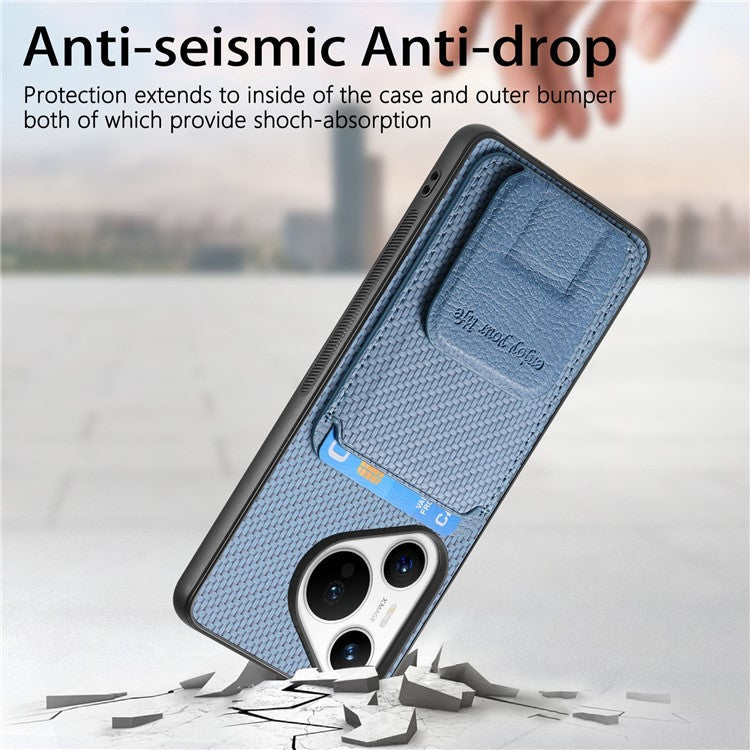 C1-11 for Huawei Pura 70 Case Kickstand Carbon Fiber Texture Leather+TPU Card Slot Phone Cover - Blue