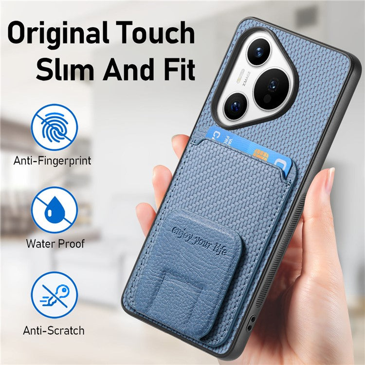 C1-11 for Huawei Pura 70 Case Kickstand Carbon Fiber Texture Leather+TPU Card Slot Phone Cover - Blue