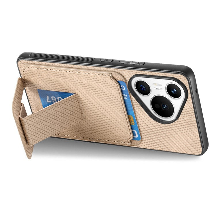 C1-11 for Huawei Pura 70 Case Kickstand Carbon Fiber Texture Leather+TPU Card Slot Phone Cover - Beige