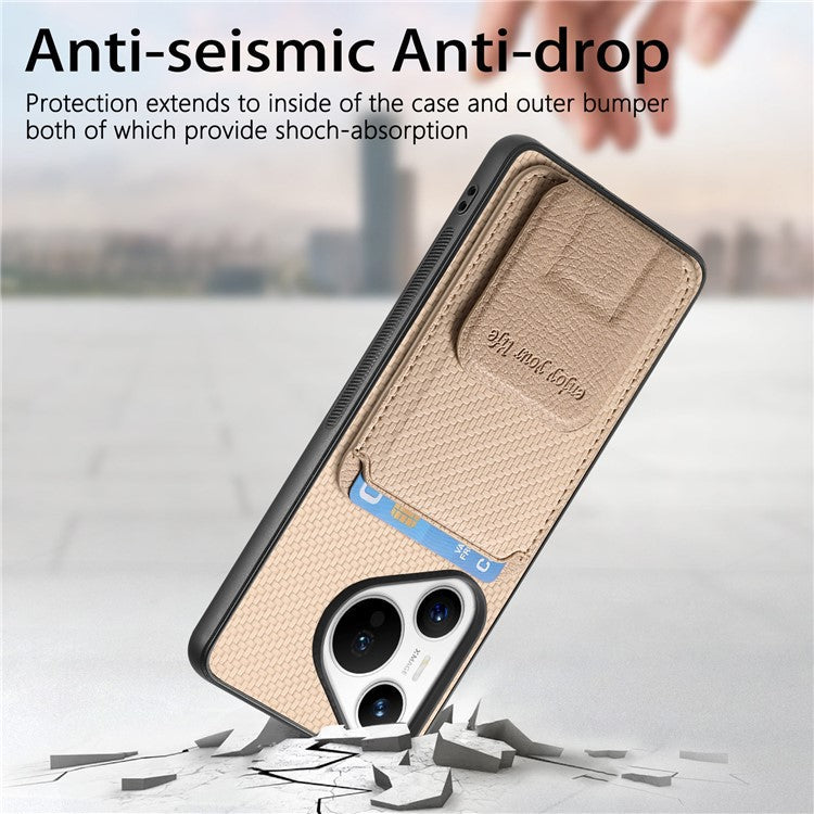 C1-11 for Huawei Pura 70 Case Kickstand Carbon Fiber Texture Leather+TPU Card Slot Phone Cover - Beige