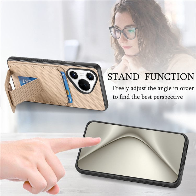 C1-11 for Huawei Pura 70 Case Kickstand Carbon Fiber Texture Leather+TPU Card Slot Phone Cover - Beige