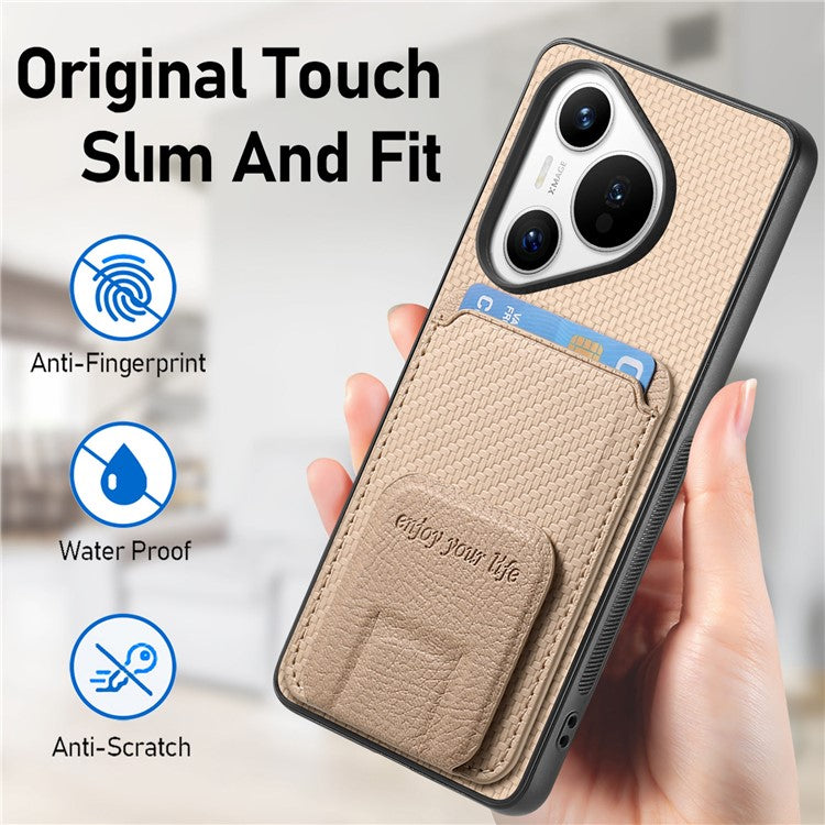 C1-11 for Huawei Pura 70 Case Kickstand Carbon Fiber Texture Leather+TPU Card Slot Phone Cover - Beige