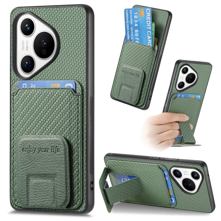 C1-11 for Huawei Pura 70 Case Kickstand Carbon Fiber Texture Leather+TPU Card Slot Phone Cover - Green