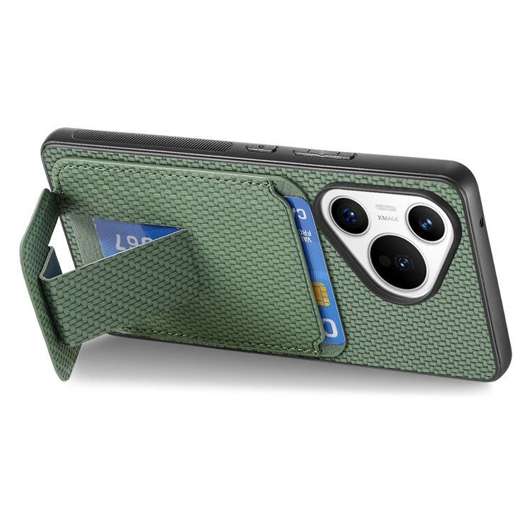 C1-11 for Huawei Pura 70 Case Kickstand Carbon Fiber Texture Leather+TPU Card Slot Phone Cover - Green