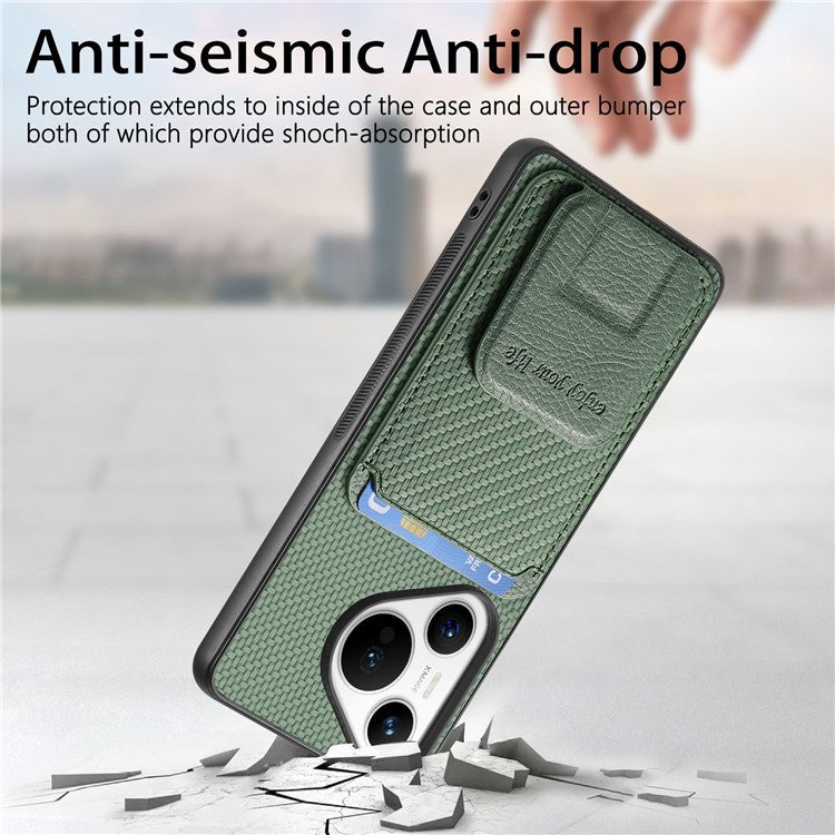 C1-11 for Huawei Pura 70 Case Kickstand Carbon Fiber Texture Leather+TPU Card Slot Phone Cover - Green