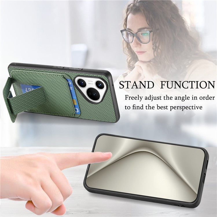 C1-11 for Huawei Pura 70 Case Kickstand Carbon Fiber Texture Leather+TPU Card Slot Phone Cover - Green