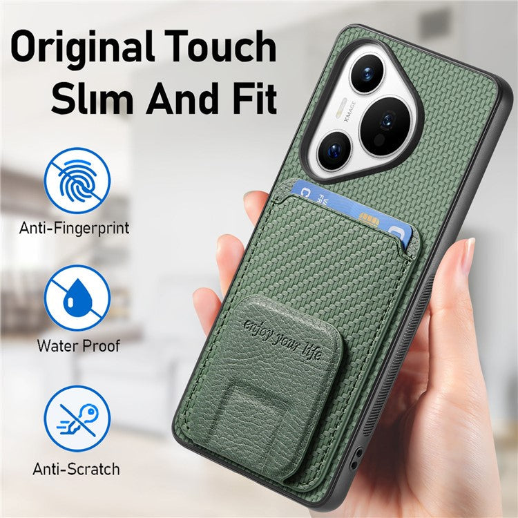 C1-11 for Huawei Pura 70 Case Kickstand Carbon Fiber Texture Leather+TPU Card Slot Phone Cover - Green