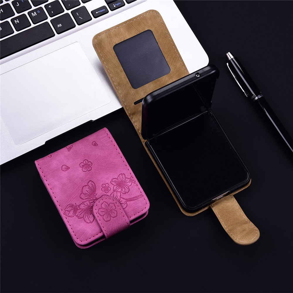 For Samsung Galaxy Z Flip7 FE 5G / Z Flip6 5G Case Leather + PC Cherry Blossom Phone Cover Card Holder - Rose
