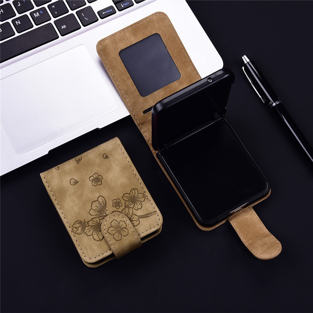 For Samsung Galaxy Z Flip7 FE 5G / Z Flip6 5G Case Leather + PC Cherry Blossom Phone Cover Card Holder - Brown