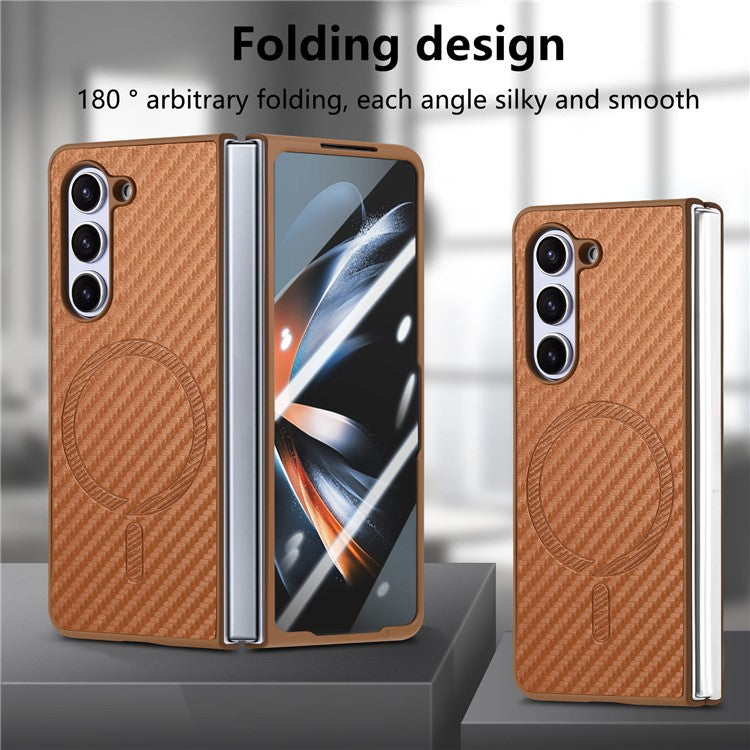 For Samsung Galaxy Z Fold5 5G Magnetic Case Leather+PC Phone Cover with Tempered Glass Film - Brown