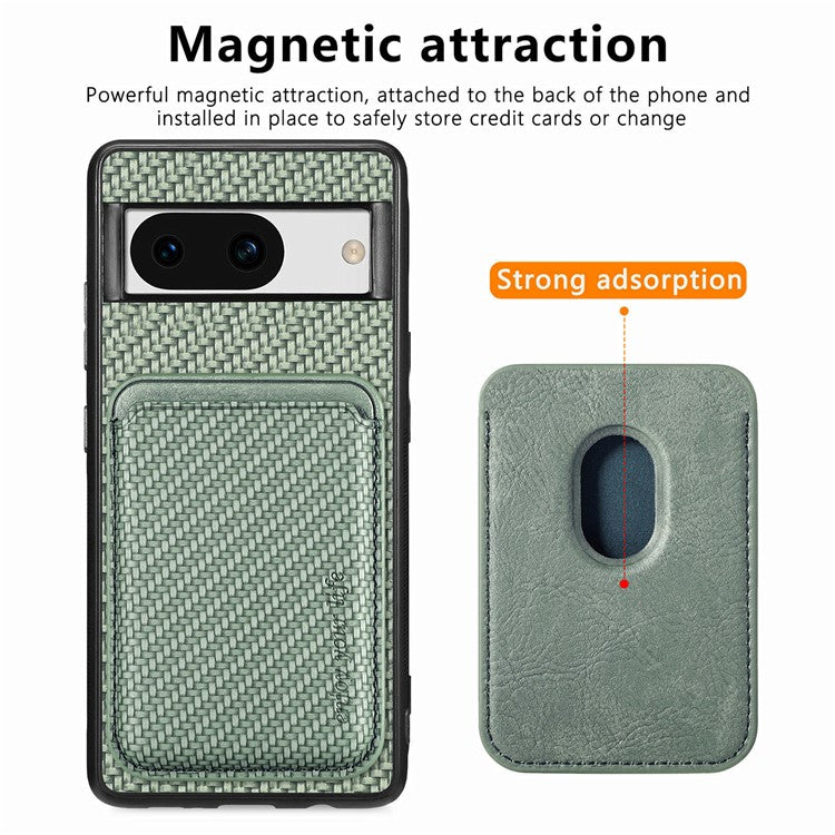 For Google Pixel 8a Case Carbon Fiber Leather Back Cover with Detachable Magnetic Card Bag - Green
