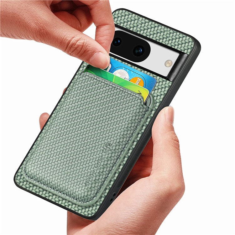 For Google Pixel 8a Case Carbon Fiber Leather Back Cover with Detachable Magnetic Card Bag - Green