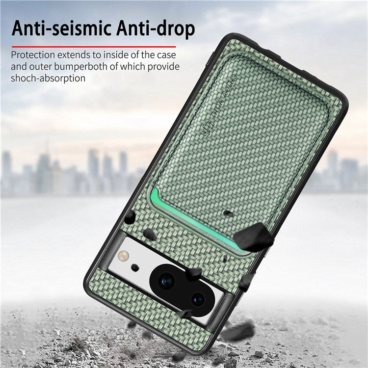 For Google Pixel 8a Case Carbon Fiber Leather Back Cover with Detachable Magnetic Card Bag - Green