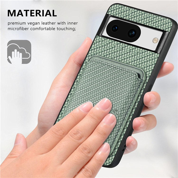 For Google Pixel 8a Case Carbon Fiber Leather Back Cover with Detachable Magnetic Card Bag - Green
