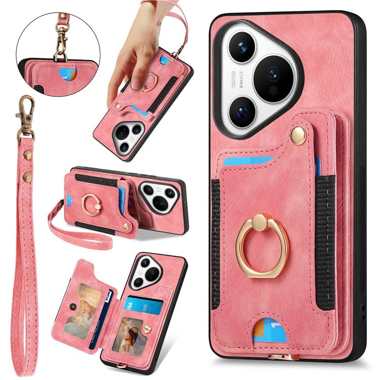 D4 For Huawei Pura 70 Case RFID Blocking Handbag Leather+TPU Phone Cover Card Slots, Ring Holder - Pink