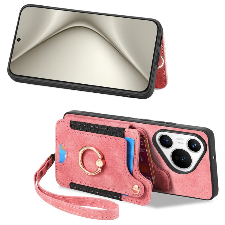 D4 For Huawei Pura 70 Case RFID Blocking Handbag Leather+TPU Phone Cover Card Slots, Ring Holder - Pink