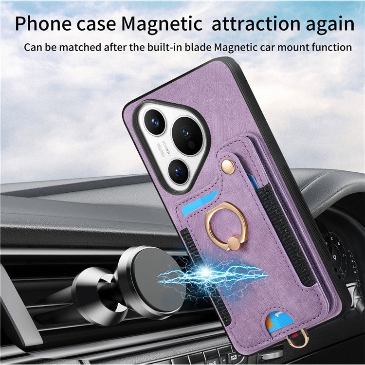 D4 For Huawei Pura 70 Case RFID Blocking Handbag Leather+TPU Phone Cover Card Slots, Ring Holder - Purple