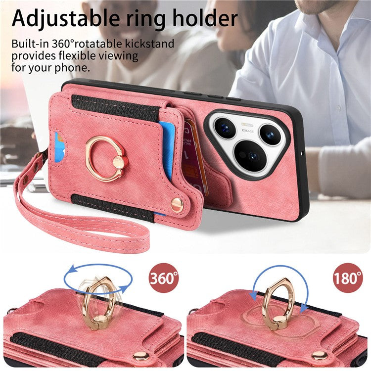 D4 For Huawei Pura 70 Case RFID Blocking Handbag Leather+TPU Phone Cover Card Slots, Ring Holder - Purple