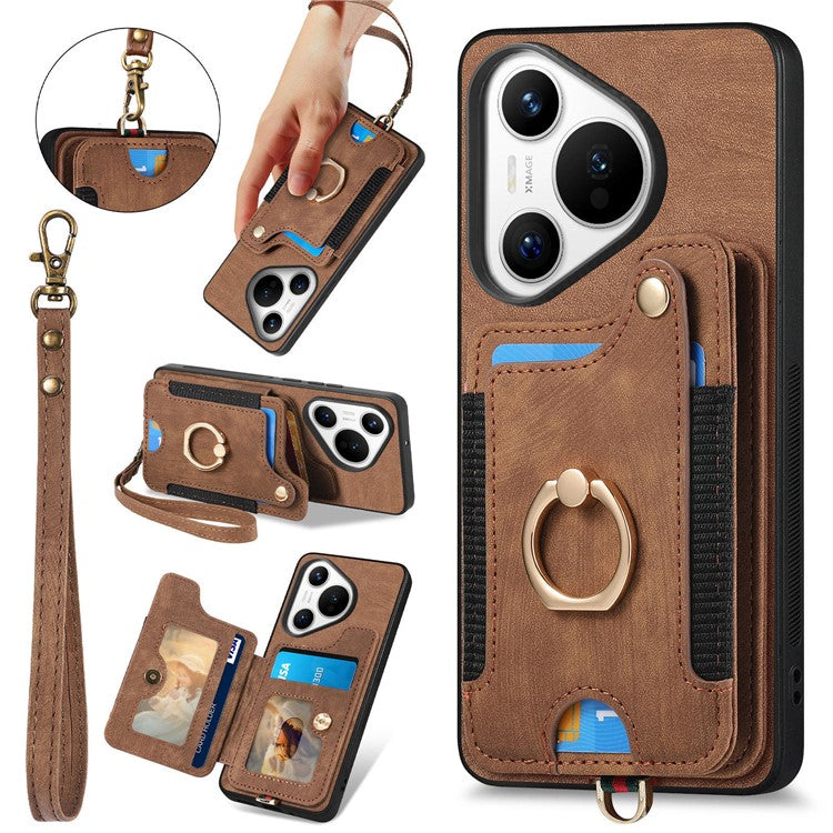 D4 For Huawei Pura 70 Case RFID Blocking Handbag Leather+TPU Phone Cover Card Slots, Ring Holder - Brown