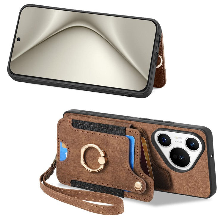 D4 For Huawei Pura 70 Case RFID Blocking Handbag Leather+TPU Phone Cover Card Slots, Ring Holder - Brown